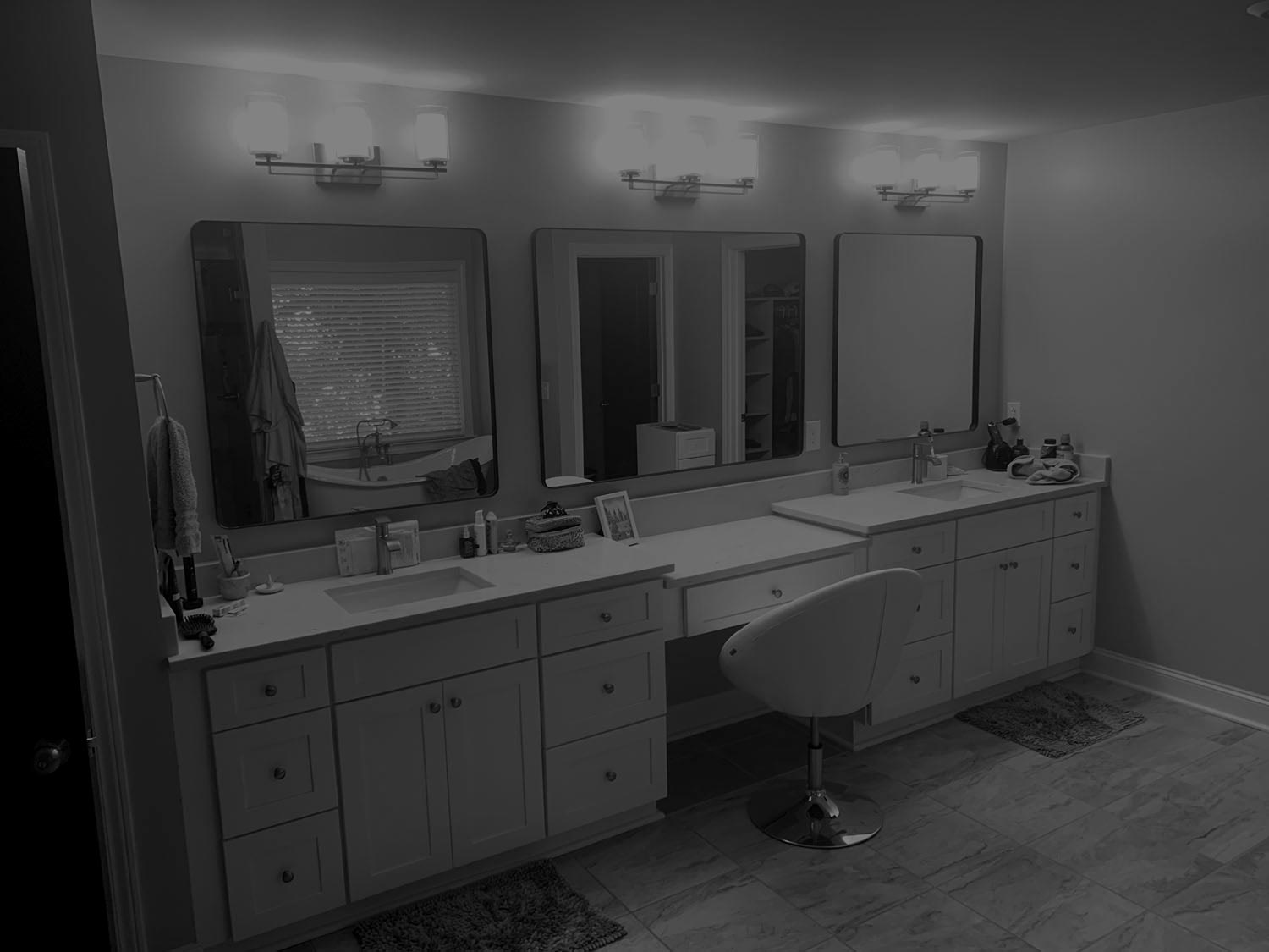 black & white picture of newly remodeled vanity area of bathroom