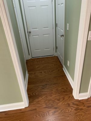 medium brown, wood floor in hallway with green walls & white trim