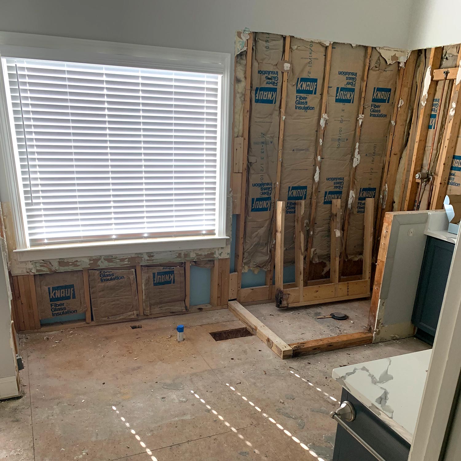 bathroom with tub & shower removed, before restoration begins