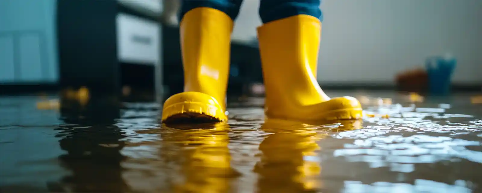 person wearing yellow rubber boots, standing in water on floor